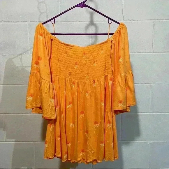 Free People Lana off Shoulder Tunic Orange Boho Peasant Smocked Blouse NWOT - Picture 3 of 7